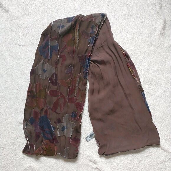 Elaine Gold Collection XIIX Scarf Brown Floral Silk Blend Velvet Burnout Fairy - Picture 2 of 7